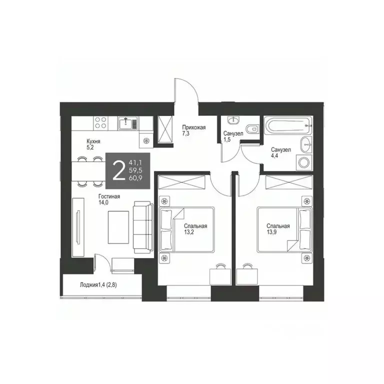 2-к кв. Татарстан, Альметьевск ул. Гафиатуллина, 60 (60.9 м) - Фото 1