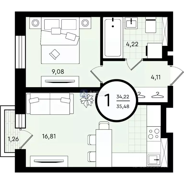 1-к кв. Тюменская область, Тюмень ул. Александра Звягина, 2 (35.48 м) - Фото 1