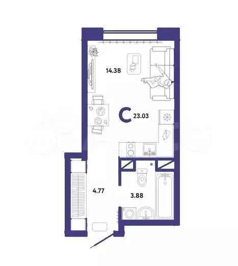 Квартира-студия, 23 м, 8/13 эт. - Фото 1