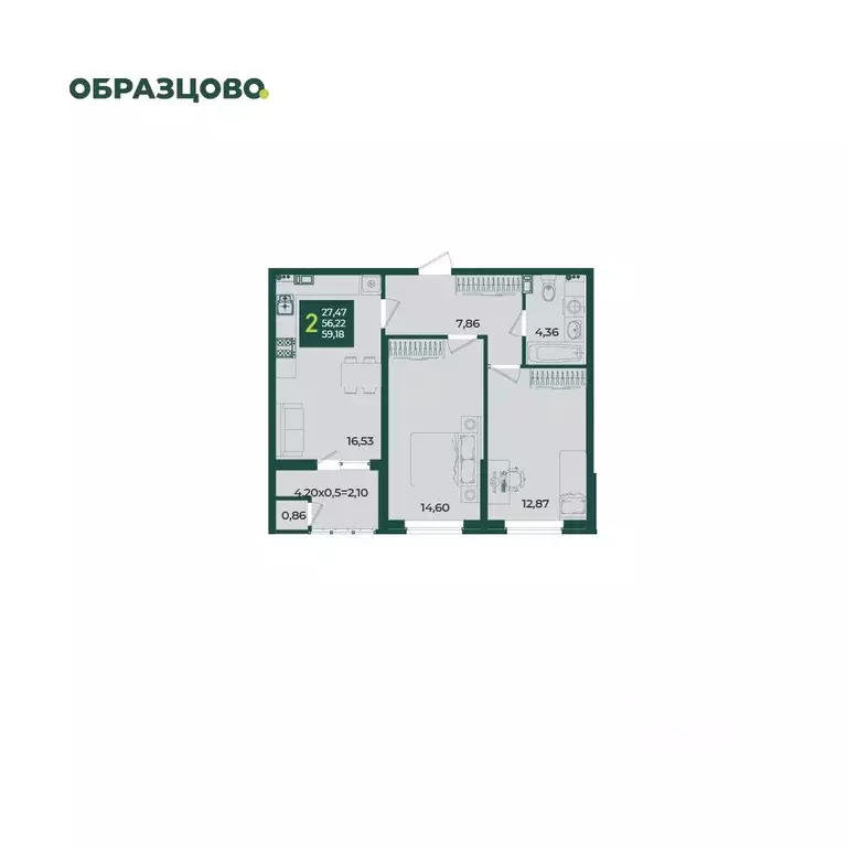 2-к кв. Краснодарский край, Краснодар Образцово мкр,  (59.18 м) - Фото 1