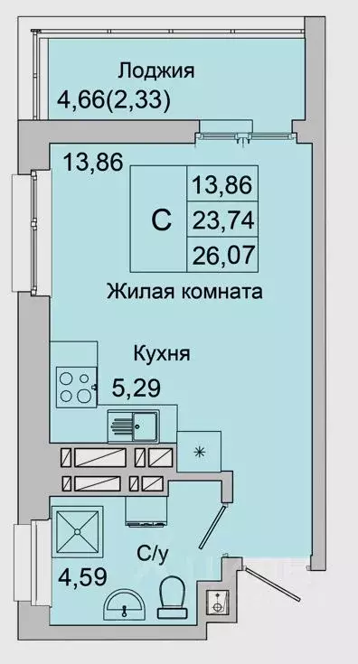 Студия Ростовская область, Батайск ул. Булгакова, 11 (26.07 м) - Фото 1