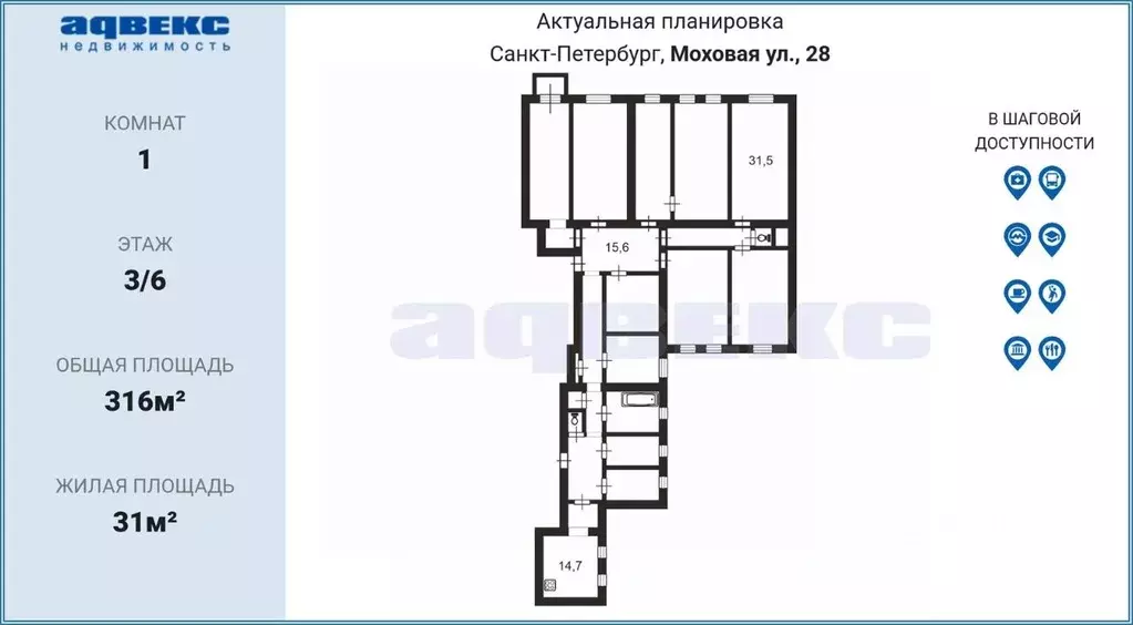 Комната Санкт-Петербург Моховая ул., 28 (31.0 м) - Фото 2