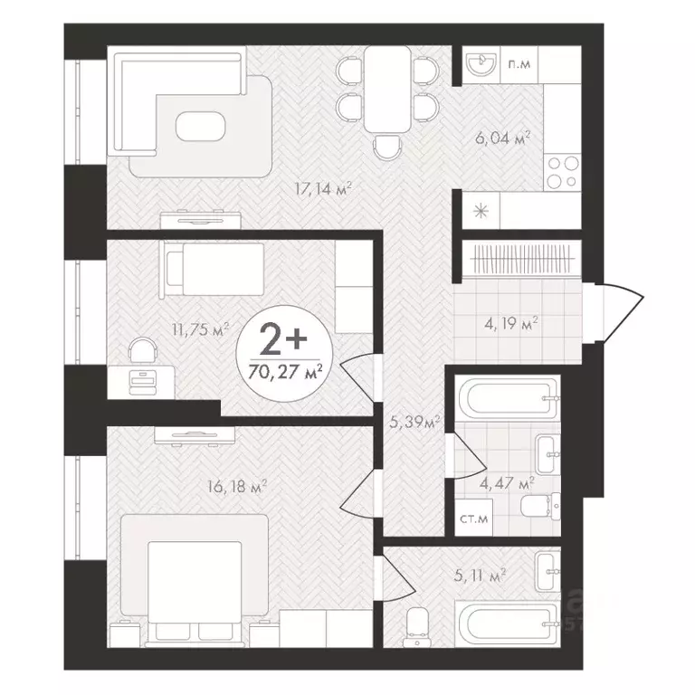2-к кв. Башкортостан, Уфа Южный-2 мкр,  (70.27 м) - Фото 0