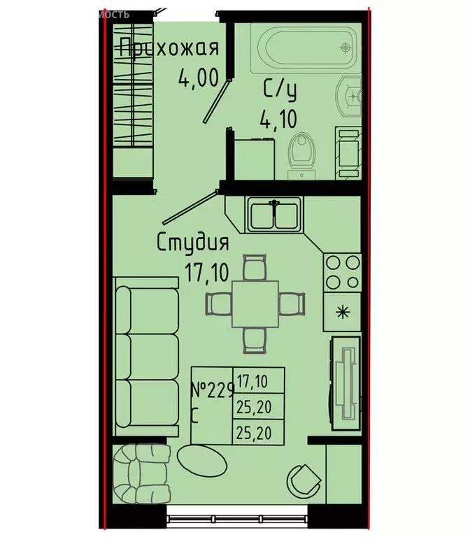 Квартира-студия: Коммунар, Железнодорожная улица, 41к2 (25.2 м) - Фото 1