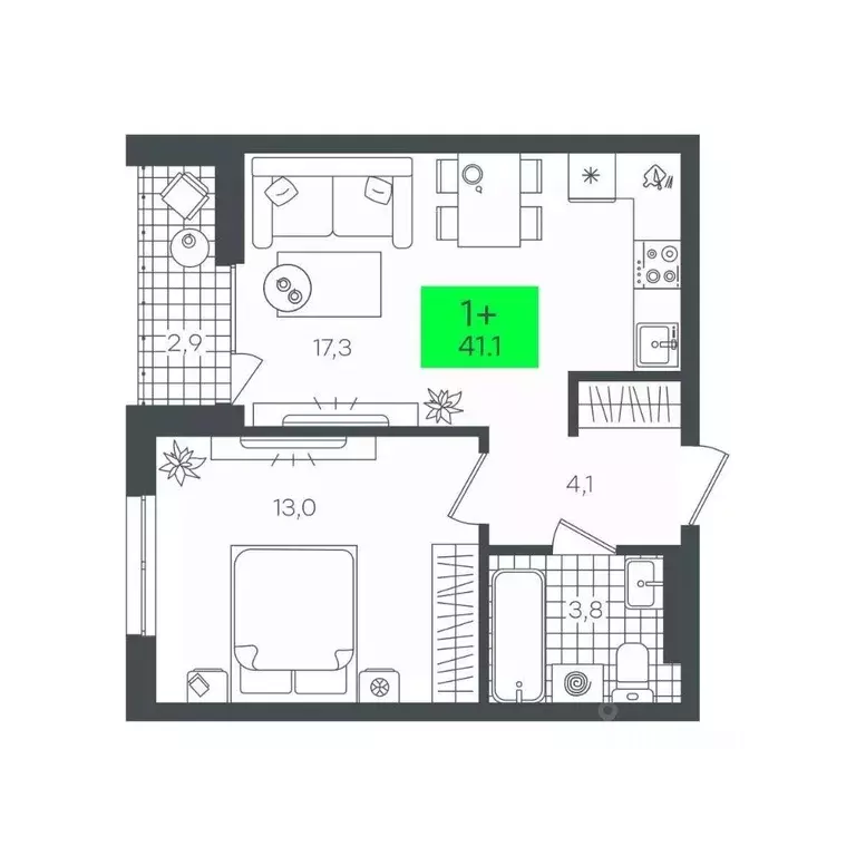1-к кв. Тюменская область, Тюмень Комарово Парк жилрайон,  (41.1 м) - Фото 1