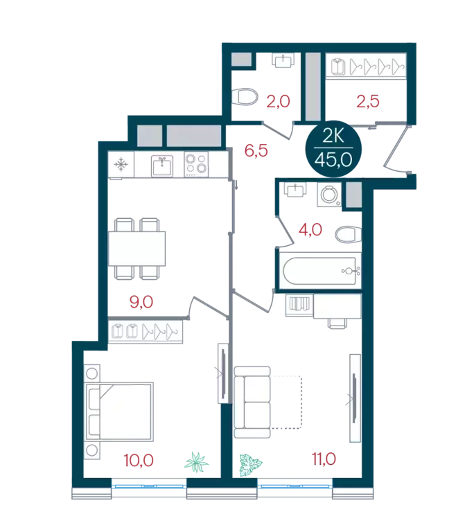 2-к квартира, 45 м - Фото 0