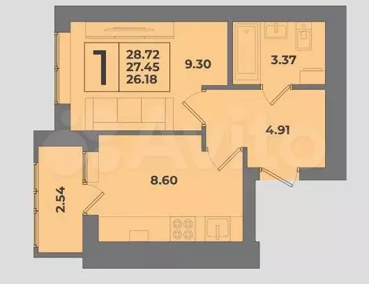 1-к. квартира, 28,7 м, 2/8 эт. - Фото 1