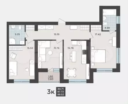 3-к. квартира, 89,5 м, 1/9 эт. - Фото 0
