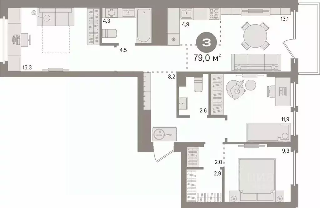 3-к кв. Свердловская область, Екатеринбург ул. Пехотинцев, 2Д (79.0 м) - Фото 2