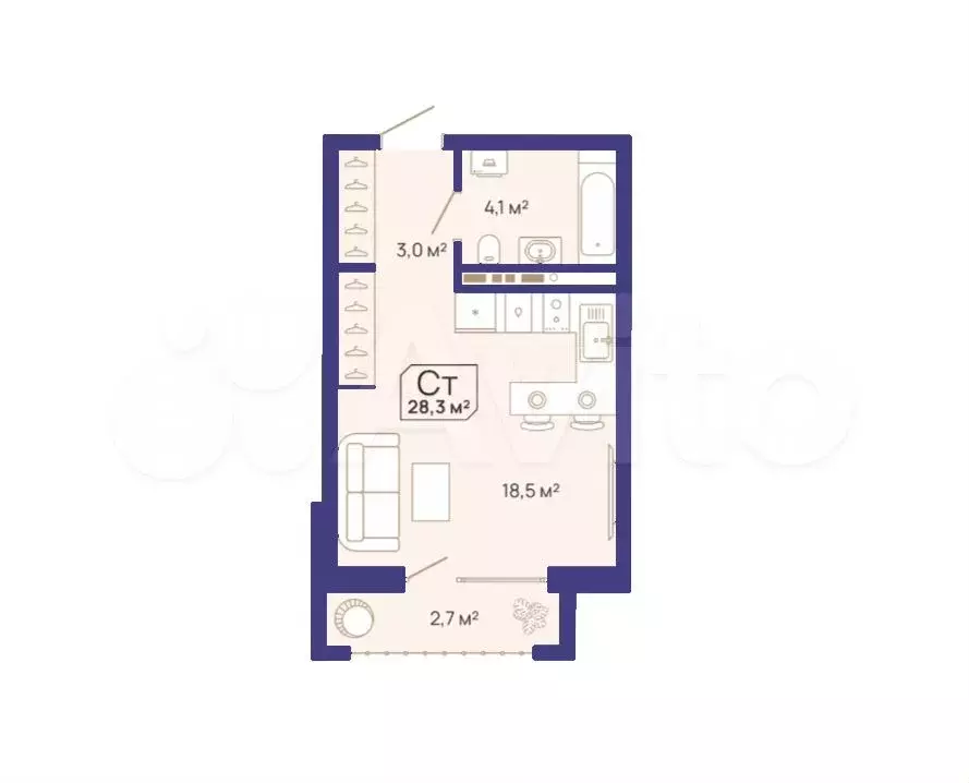 Квартира-студия, 29 м, 3/9 эт. - Фото 1