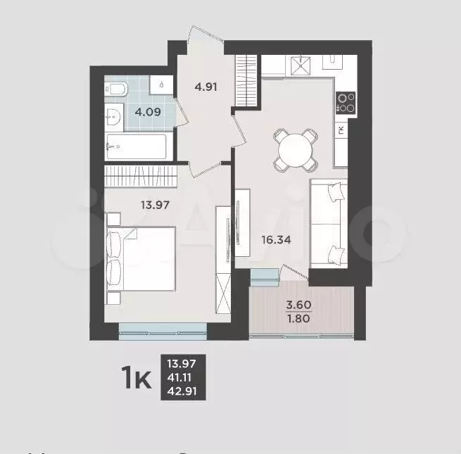 1-к. квартира, 41,1 м, 1/9 эт. - Фото 1