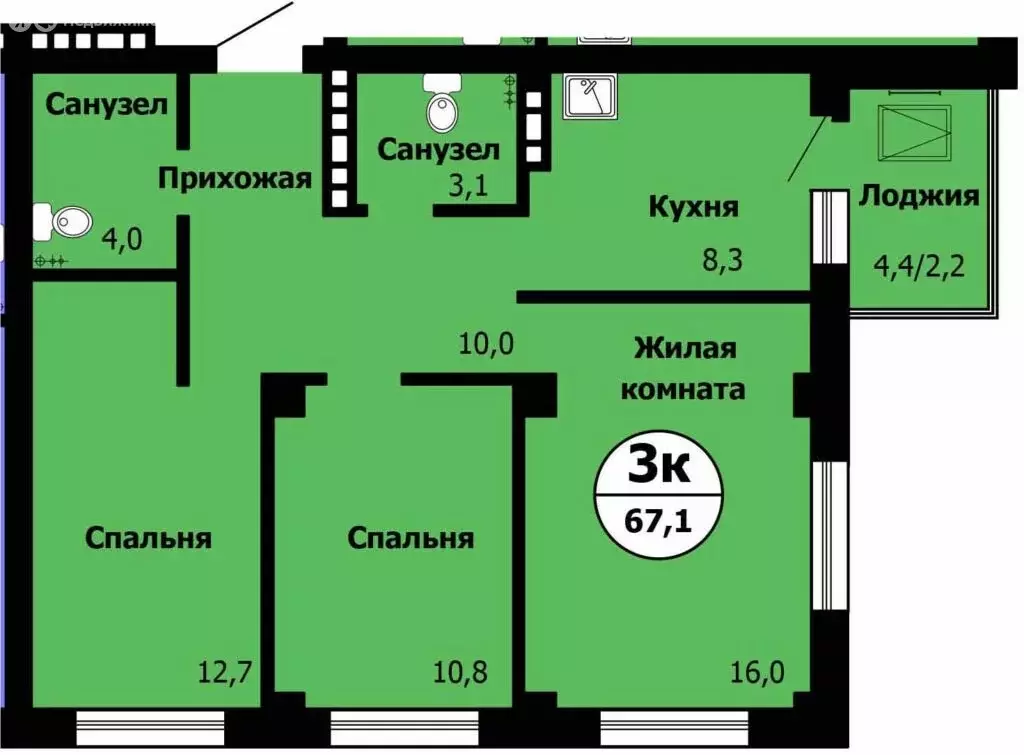 3-комнатная квартира: Красноярск, Лесопарковая улица, 43 (67.1 м) - Фото 1