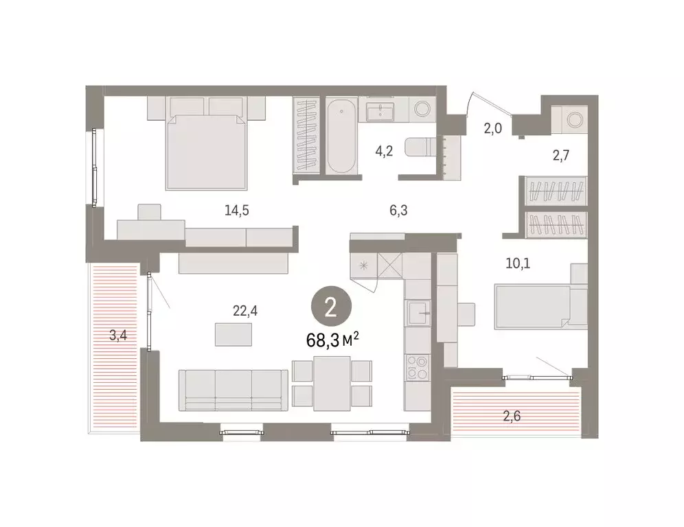 2-комнатная квартира: Пермь, улица Солдатова (68.26 м) - Фото 2