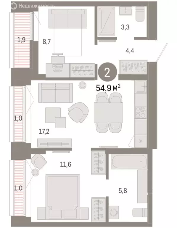 2-комнатная квартира: Екатеринбург, улица Гастелло, 19А (54.93 м) - Фото 2