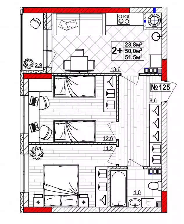 2-к. квартира, 51,5м, 3/4эт. - Фото 0