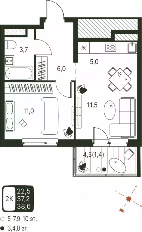 Студия Пермский край, Пермь ул. Серебристая, 1 (38.6 м) - Фото 1