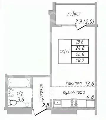 Студия Алтайский край, Барнаул ул. 6-я Нагорная, 15Г/5 (28.7 м) - Фото 1