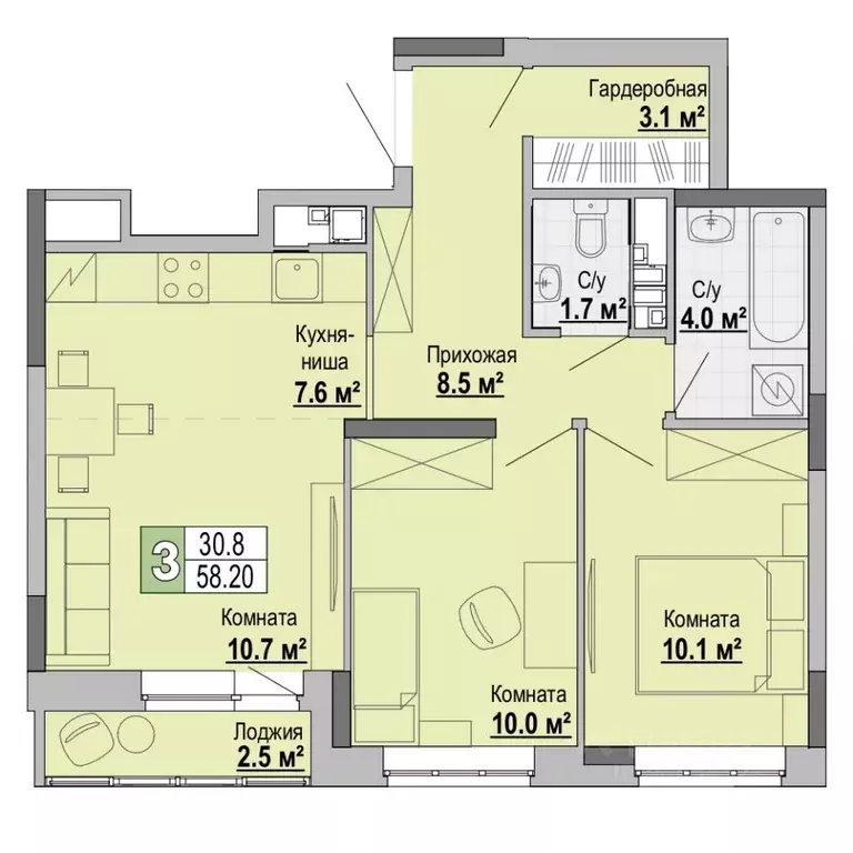 3-к кв. Удмуртия, Ижевск Ленинградская ул., 31 (58.2 м) - Фото 1