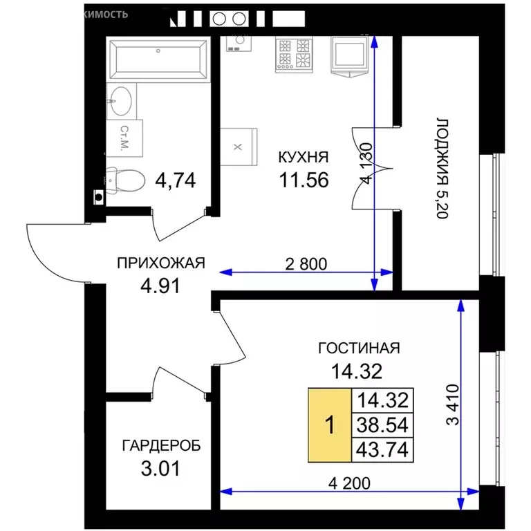 1-комнатная квартира: Гурьевск, жилой комплекс Включи (43.74 м) - Фото 0