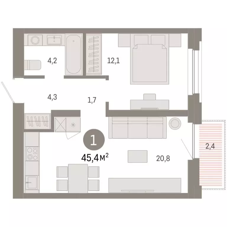 1-комнатная квартира: Тюмень, Мысовская улица, 26к2 (45.4 м) - Фото 1