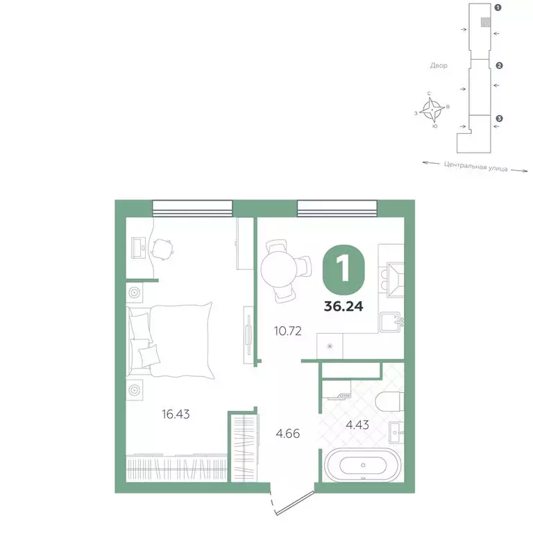 1-комнатная квартира: Горьковка, жилой комплекс Крылья (36.24 м) - Фото 1