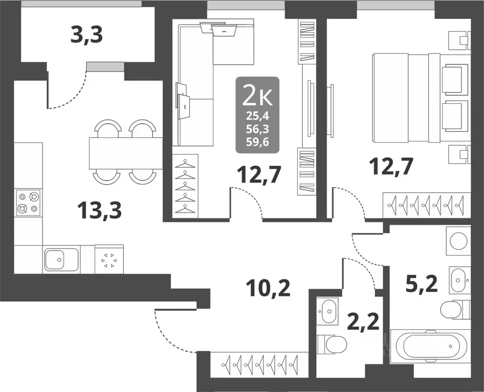 2-к кв. Новосибирская область, Новосибирск Тайгинская ул., с3 (56.3 м) - Фото 0