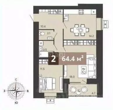 2-к кв. Пензенская область, Пенза ул. Щербакова, 71 (64.4 м) - Фото 1
