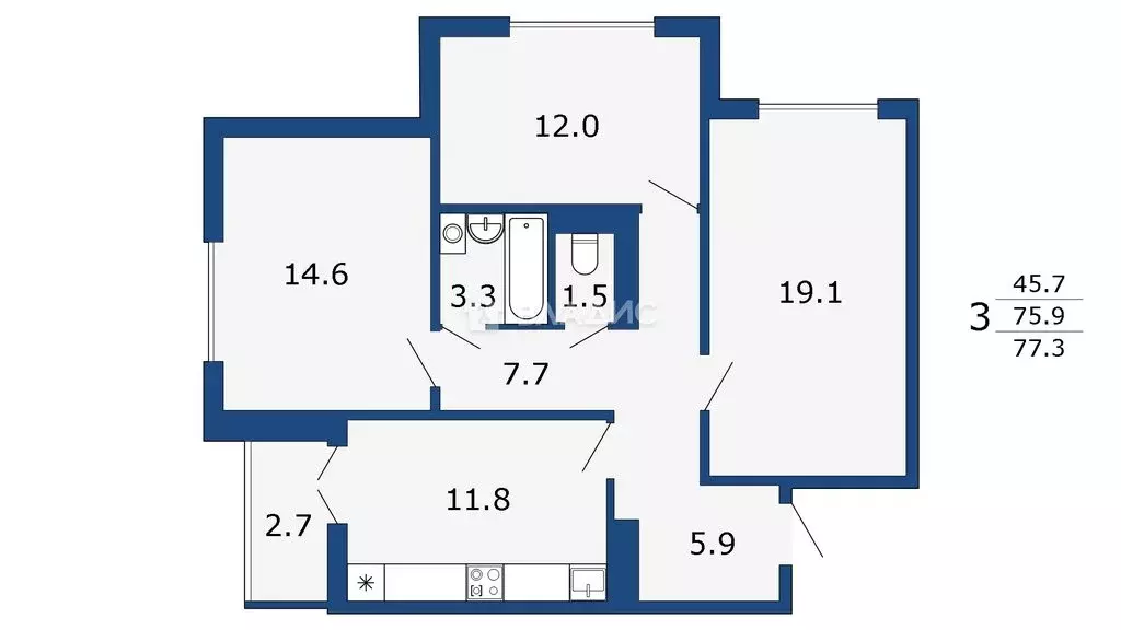 3-комнатная квартира: посёлок Отрадное, Фестивальная улица, 15 (77.1 ... - Фото 1