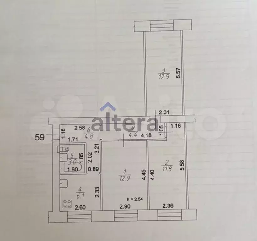 3-к. квартира, 55,9 м, 1/5 эт. - Фото 0