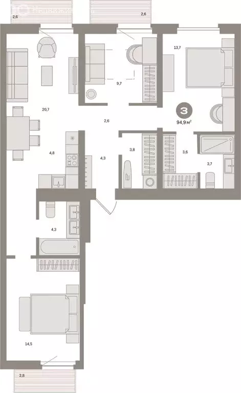 3-комнатная квартира: Екатеринбург, жилой район Юго-Западный, жилой ... - Фото 2