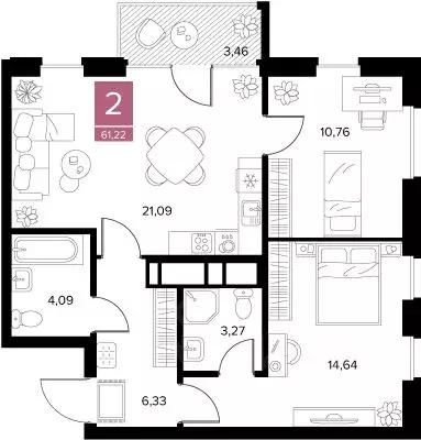 2-к кв. Рязанская область, Рязань Забайкальская ул. (61.22 м) - Фото 1