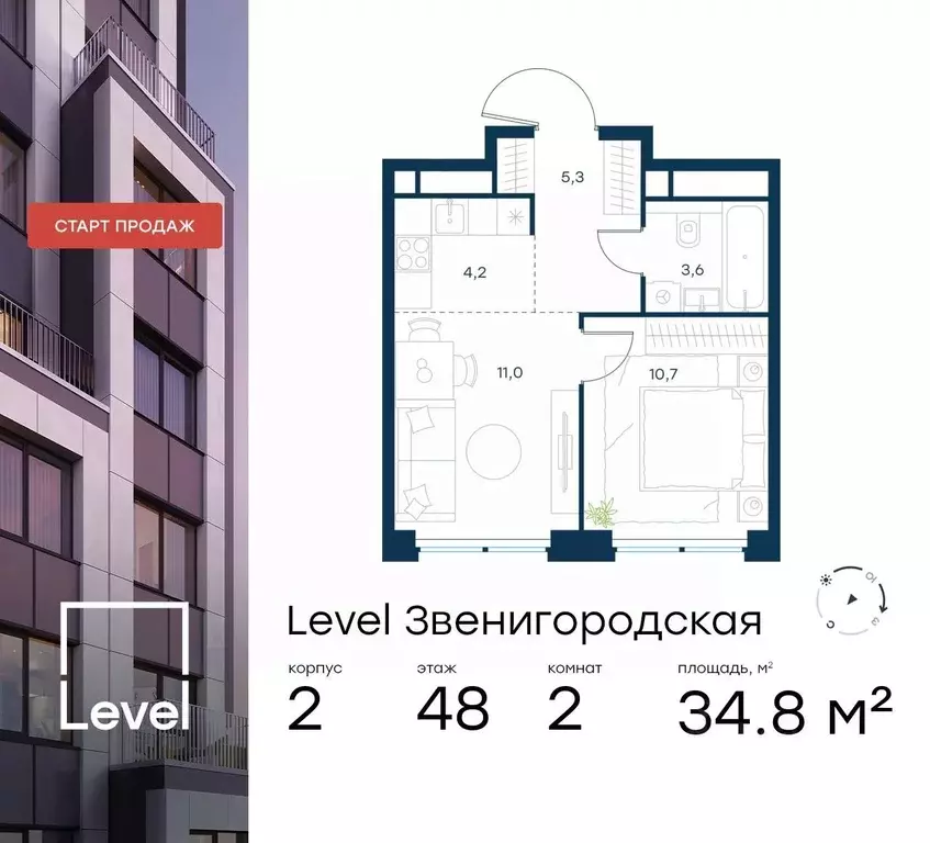 2-к кв. Москва Левел Звенигородская жилой комплекс (34.8 м) - Фото 0