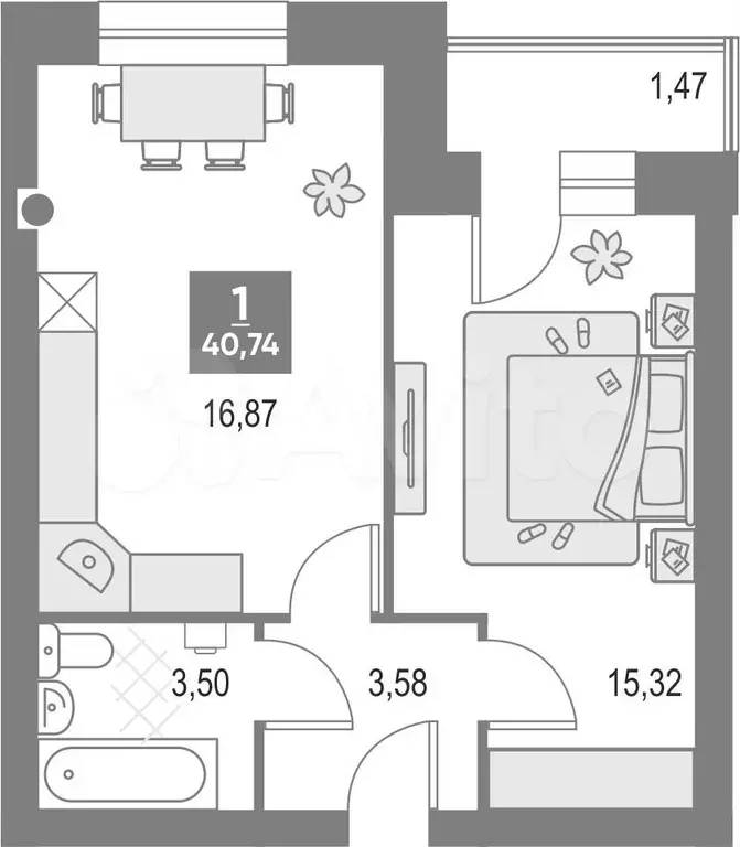 1-к. квартира, 40,7 м, 4/4 эт. - Фото 0