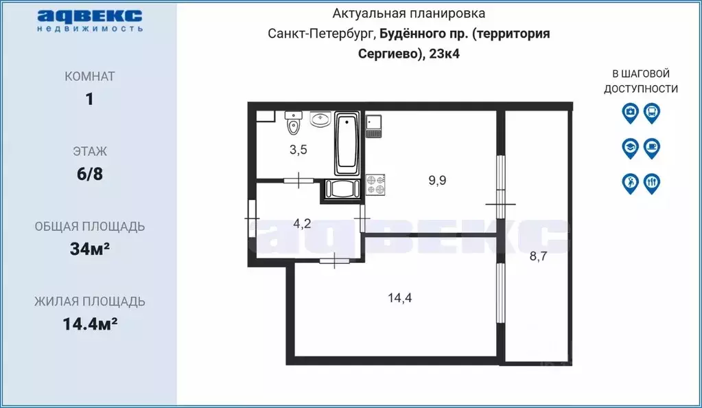 1-к кв. Санкт-Петербург просп. Буденного, 23к4 (34.0 м) - Фото 1