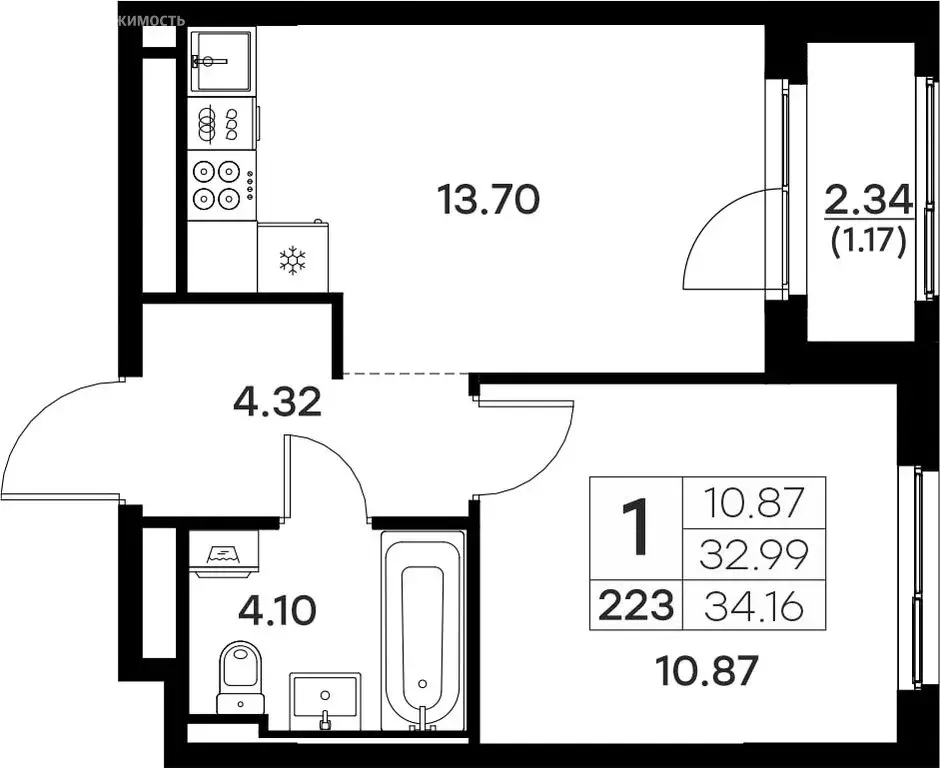 1-комнатная квартира: Владимир (34.16 м) - Фото 0