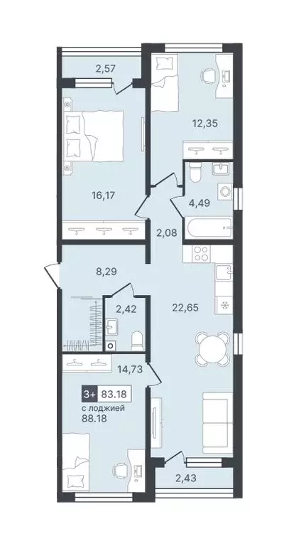 3-комнатная квартира: Тюмень, Ставропольская улица, 1 (83.18 м) - Фото 0