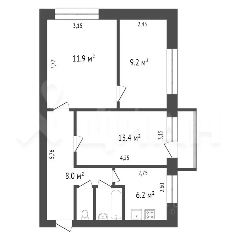 3-к кв. Тульская область, Тула ул. Юлиуса Фучика, 20к2 (52.4 м) - Фото 2