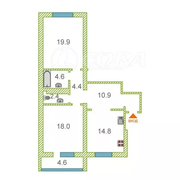 2-комнатная квартира: Тюмень, улица Николая Семёнова, 31 (75 м) - Фото 2