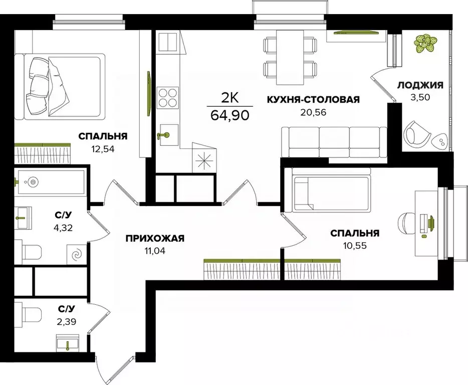 2-к кв. Тульская область, Тула  (64.83 м) - Фото 0