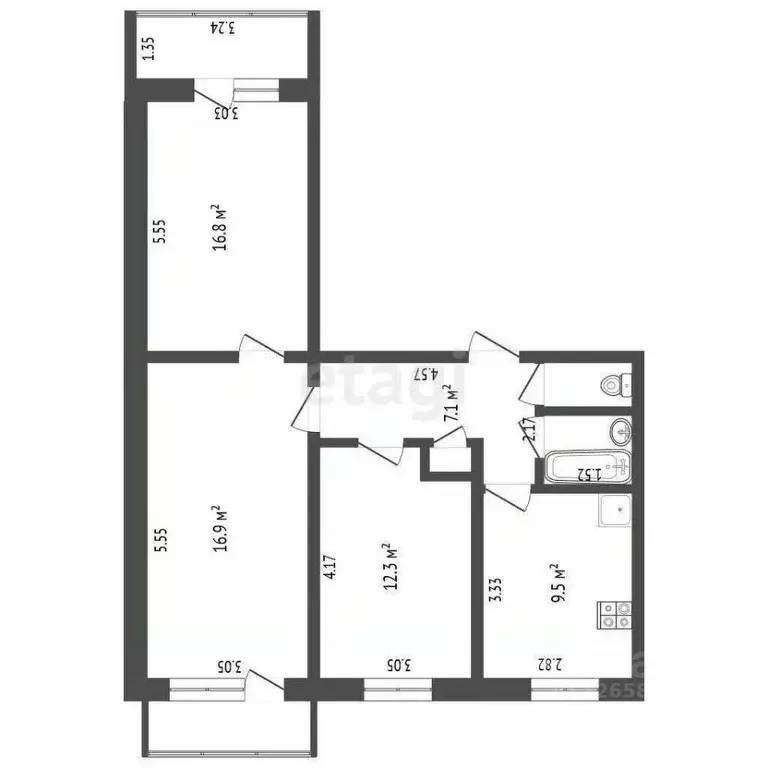 3-к кв. Кемеровская область, Новокузнецк ул. Новоселов, 6 (60.3 м) - Фото 2