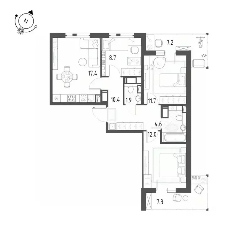 3-к кв. Санкт-Петербург пос. Шушары, ул. Чудовская, 14к1 (70.9 м) - Фото 2