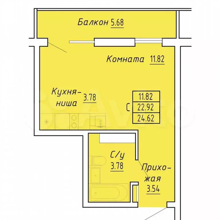 1-к. квартира, 24,6м, 8/9эт. - Фото 0