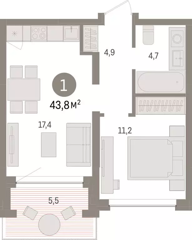 1-комнатная квартира: Тюмень, ЖК Дом у Озера (43.76 м) - Фото 1