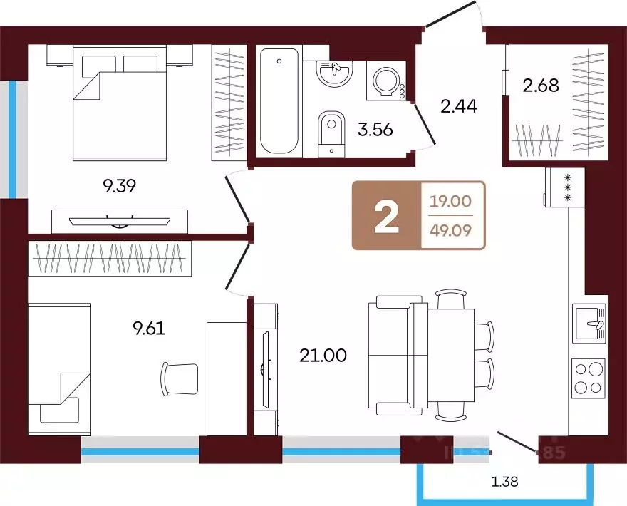 2-к кв. Башкортостан, Иглинский район, с. Акбердино  (49.09 м) - Фото 1