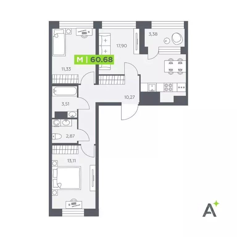 Квартира, 2 комнаты, 60.68 м - Фото 1