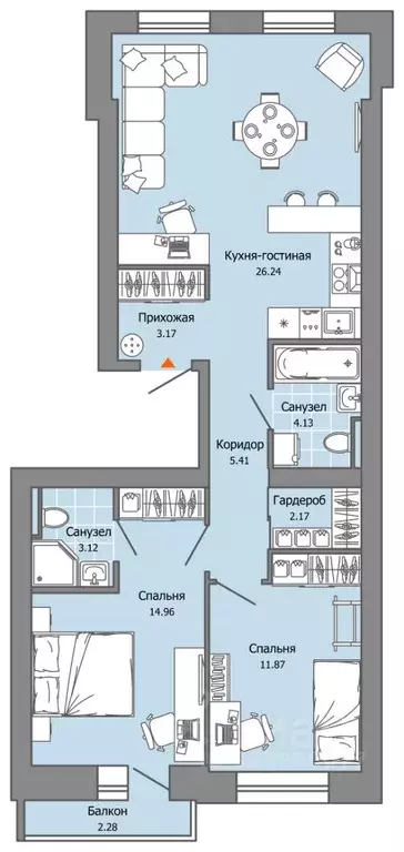 2-к кв. Пермский край, Пермь ул. Дзержинского, 35А (72.0 м) - Фото 2