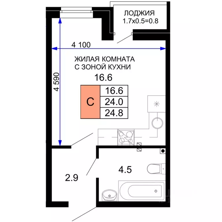 Студия Краснодарский край, Краснодар Дыхание жилой комплекс (24.8 м) - Фото 0