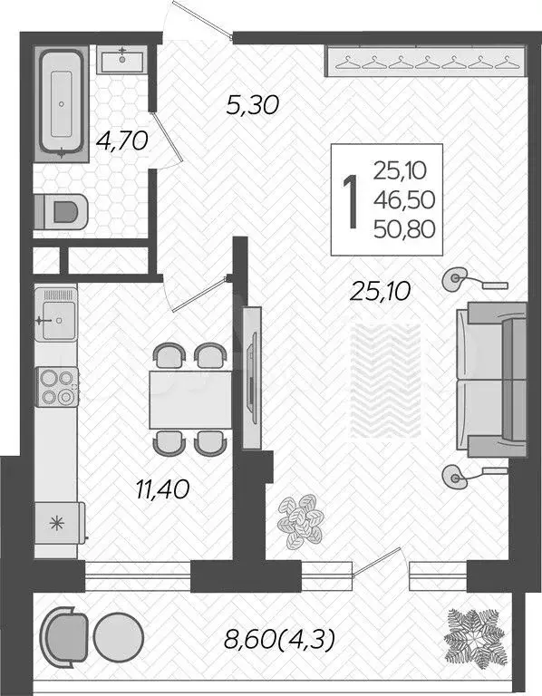 1-к. квартира, 50,8 м, 15/16 эт. - Фото 1