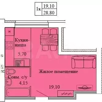 Квартира-студия, 28,8 м, 1/3 эт. - Фото 0