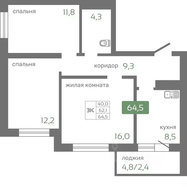 3-к кв. Красноярский край, Красноярск Норильская ул., с2 (64.5 м) - Фото 0